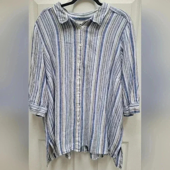 Woman Within Linen Belnd 3/4 Skeeve Striped Button Down Plus Size 2X - Picture 1 of 3